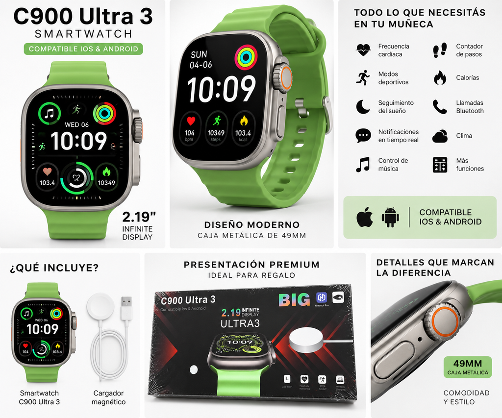 Smartwatch C900 Ultra 3 49mm Pantalla 2.19” – iOS y Android- nuevo sellado