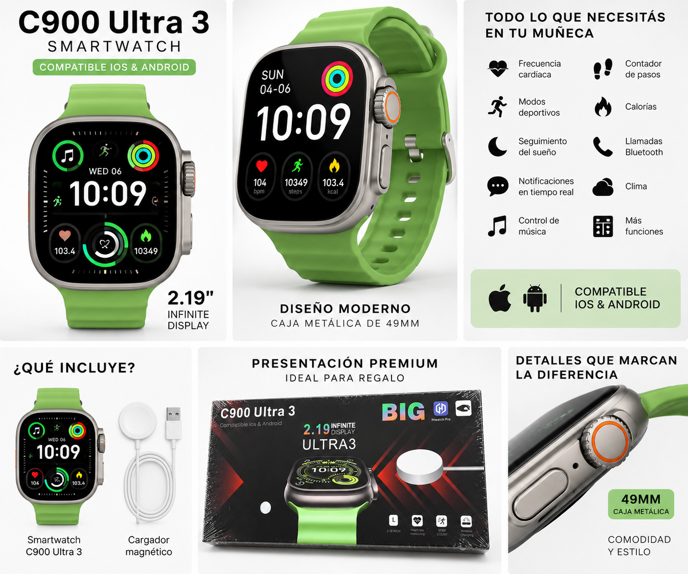 Smartwatch C900 Ultra 3 49mm Pantalla 2.19” – iOS y Android- nuevo sellado