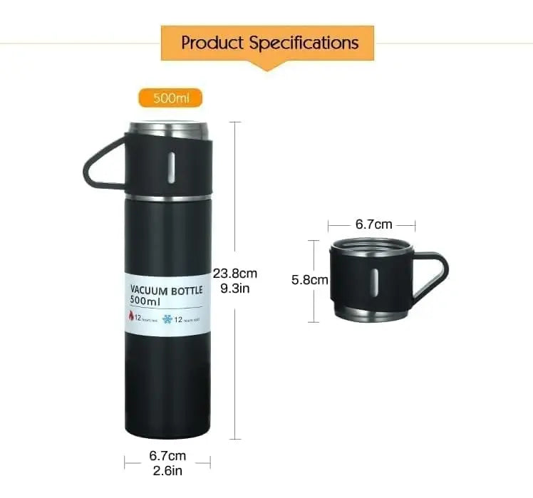 Set Termo 500ml Acero Inoxidable + 3 Tazas Frío Calor