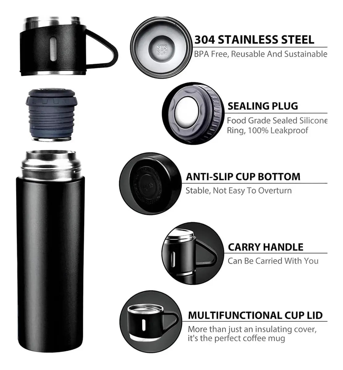 Set Termo 500ml Acero Inoxidable + 3 Tazas Frío Calor