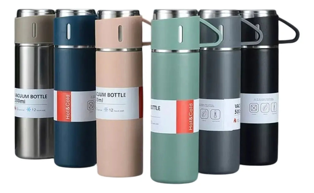 Set Termo 500ml Acero Inoxidable + 3 Tazas Frío Calor