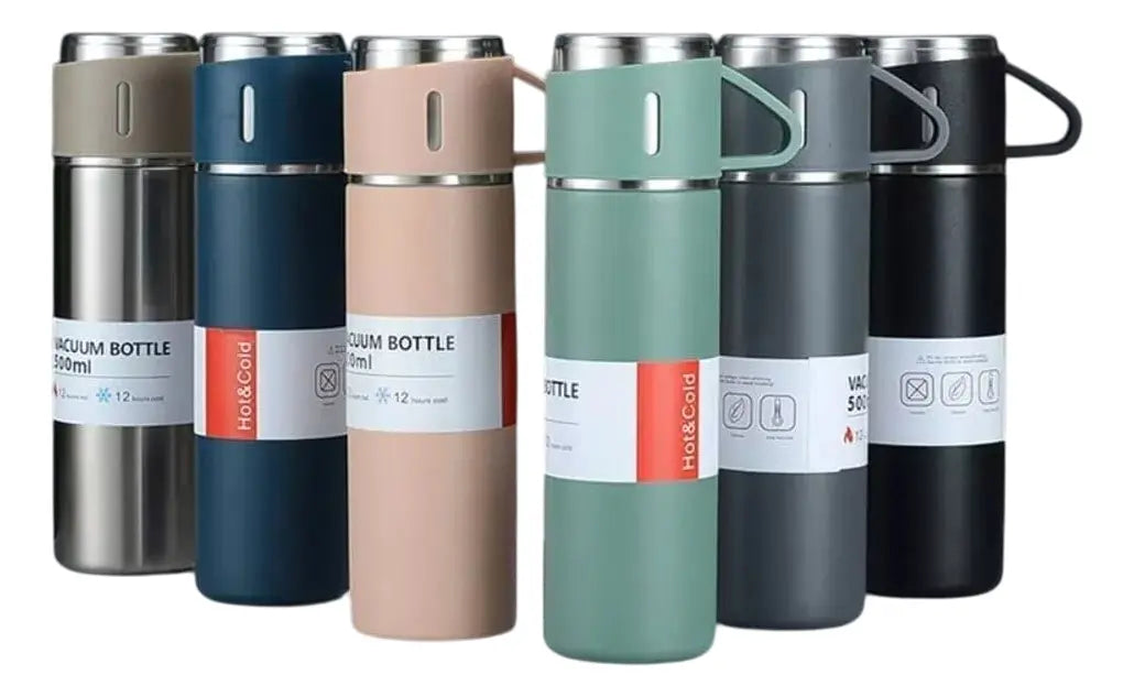 Set Termo 500ml Acero Inoxidable + 3 Tazas Frío Calor