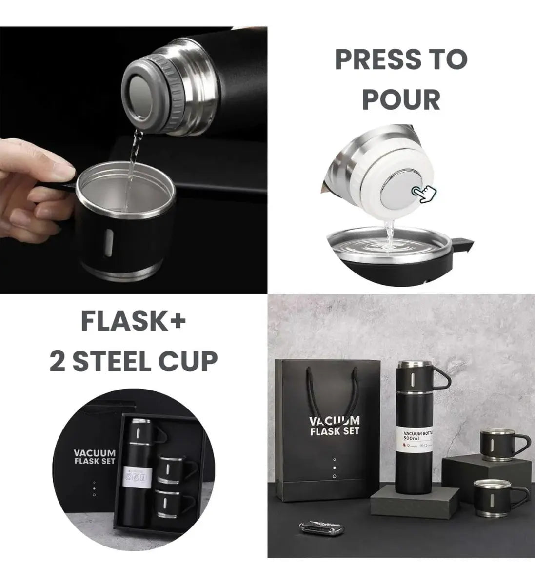 Set Termo 500ml Acero Inoxidable + 3 Tazas Frío Calor