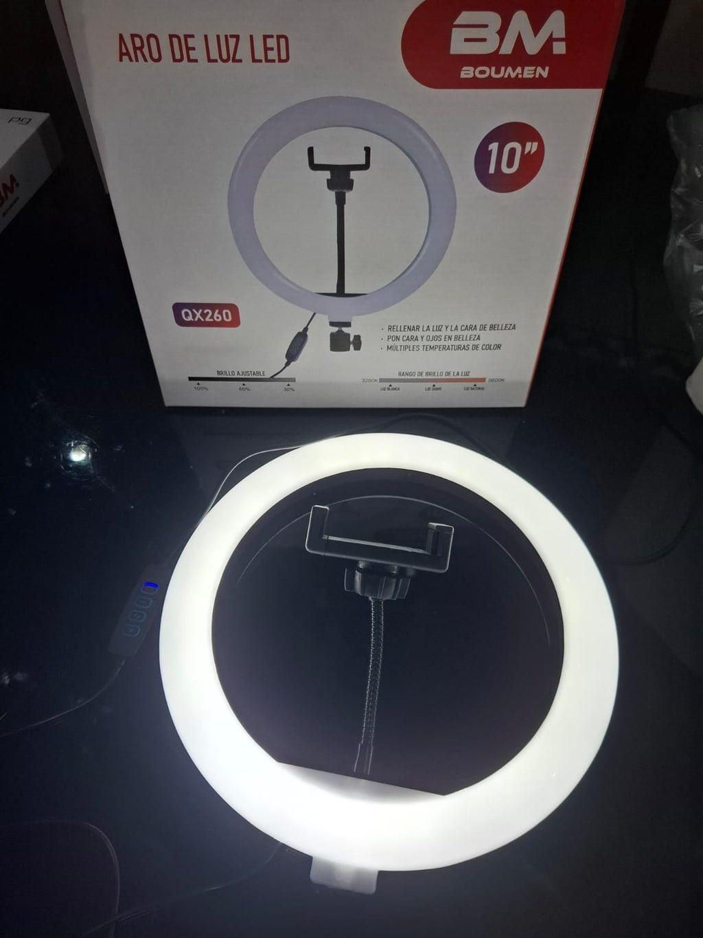 Aro de Luz LED 10" BM Boumen QX260 con Soporte para Celular y Control de Brillo