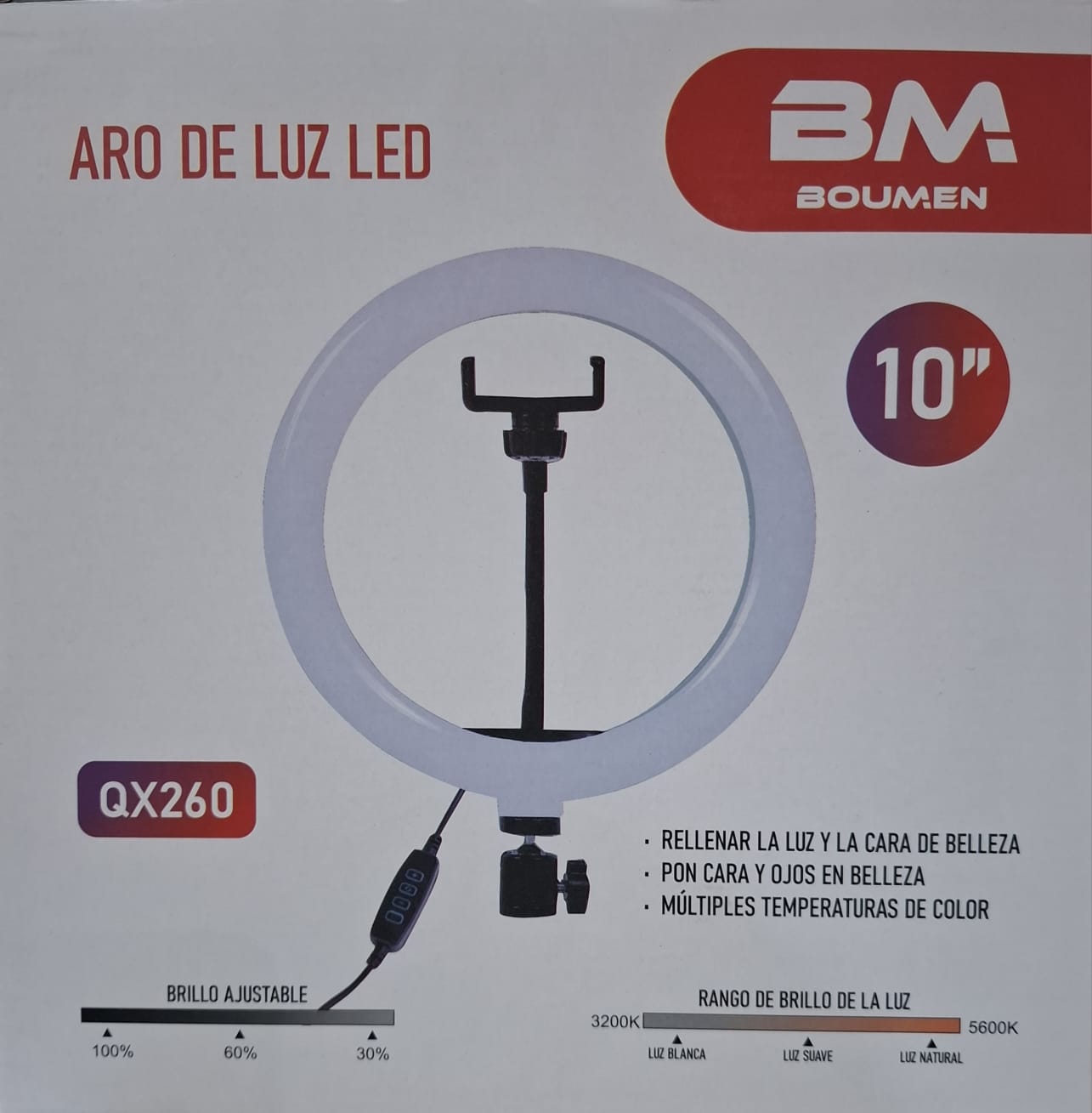 Aro de Luz LED 10" BM Boumen QX260 con Soporte para Celular y Control de Brillo