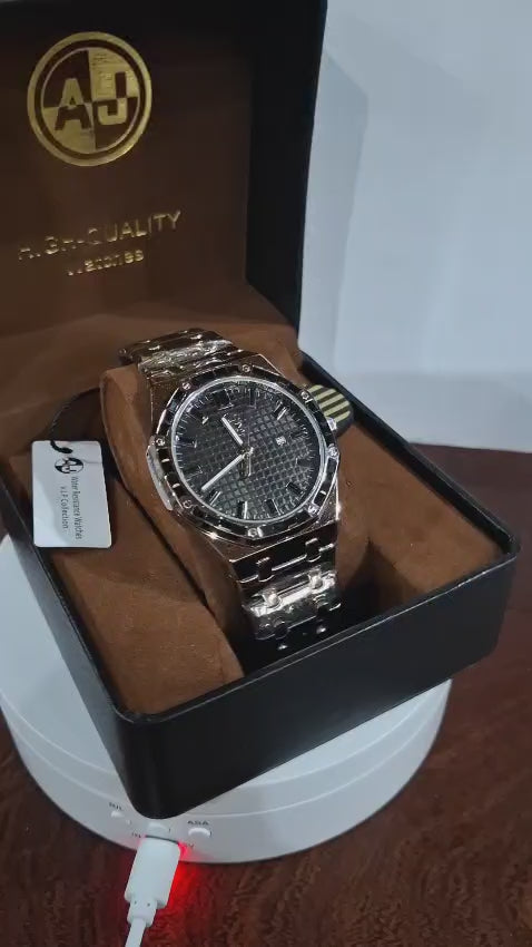 Reloj AJ para hombre – Esfera negra – Malla metálica